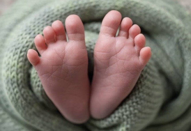 Newborn feet peeking out of a sage knit wrap, hospital newborn photo